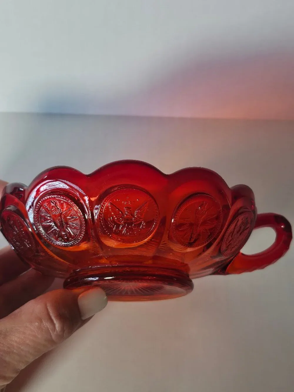 Mid Century Fostoria Amberina Red Liberty Coin Dot Handle Nut Bowl